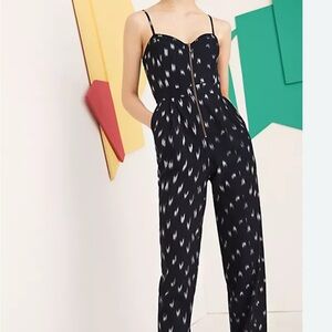 Elevenses Ikat Zip Front Black and White Feather Print Jumpsuit